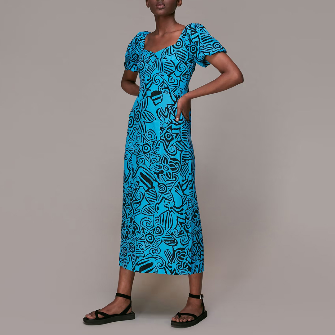 WHISTLES Women's   Blue Puff Sleeve Linen Blend Dress in Size 10, BrandAlley