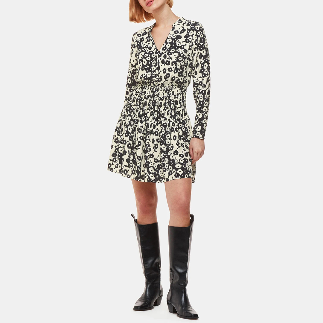 WHISTLES Women's    Black/Cream Riley Floral Shirred Dress in Size 18, BrandAlley