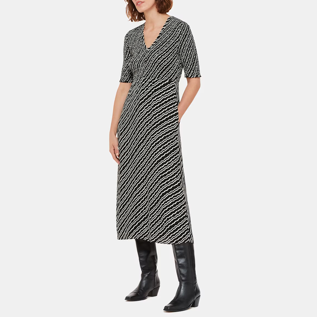 WHISTLES Women's    Black/White Diagonal Ripple Shirred Dress in Size 8, BrandAlley