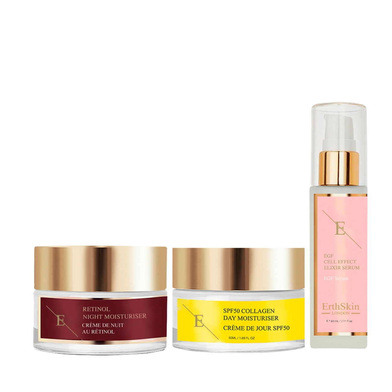 Erth Skin London    Transparent Spf 50 Collagen Day Cream 50Ml + Retinol Night Moisturizer 50Ml + Egf Cell Effect Serum 60 Ml , BrandAlley