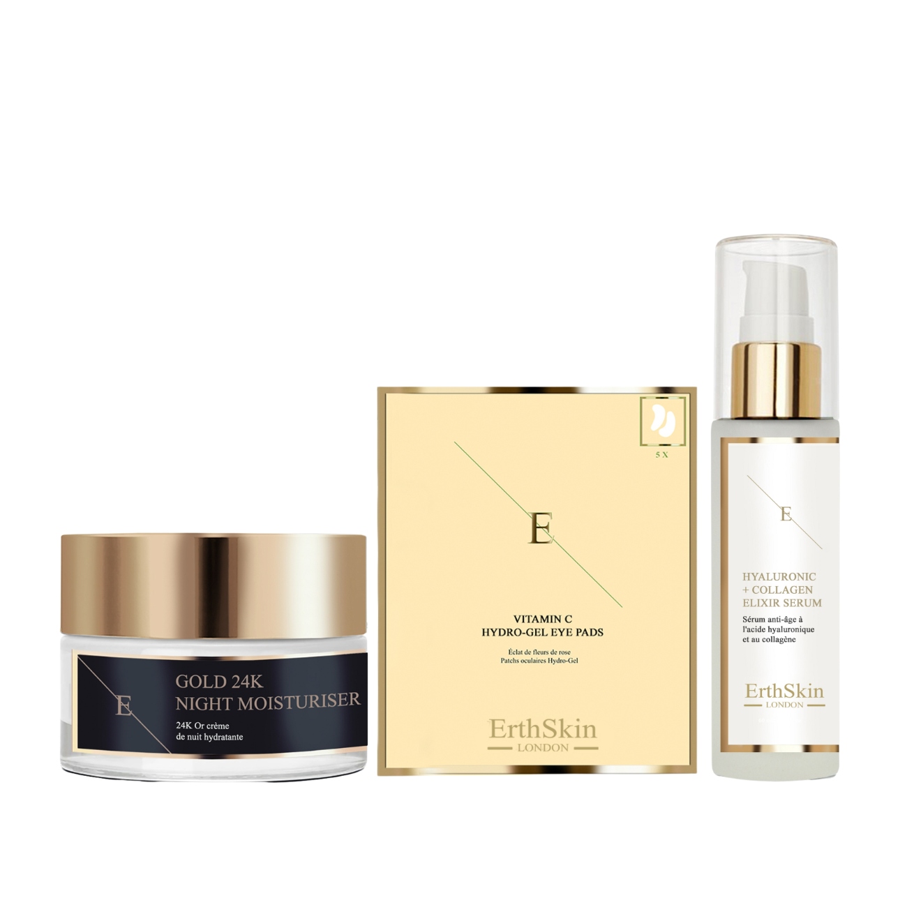 Erth Skin London    Black Anti-Wrinkle Night Moisturiser 24K Gold 50Ml + Hyaluronic Acid & Collagen Serum - 60Ml + Vitamin C Hydrogel Eye Pads X 5 , BrandAlley