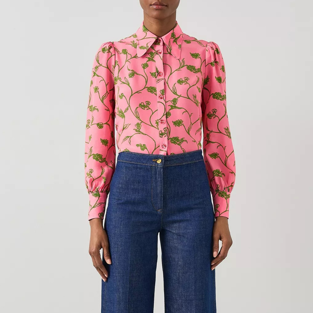 Flamingo/Khaki Penny Printed Silk Blouse