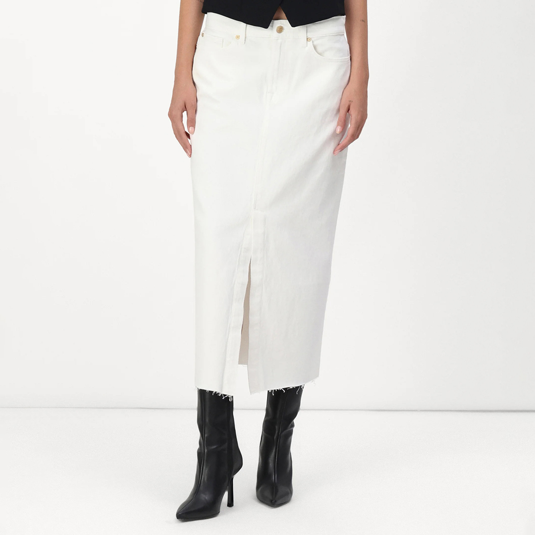 White Kellie Raw Cut Denim Midi Skirt