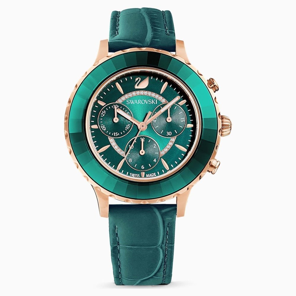 SWAROVSKI Women's  Octea Lux Chrono Watch Leather Strap Green Rose-Gold Tone PVD , BrandAlley