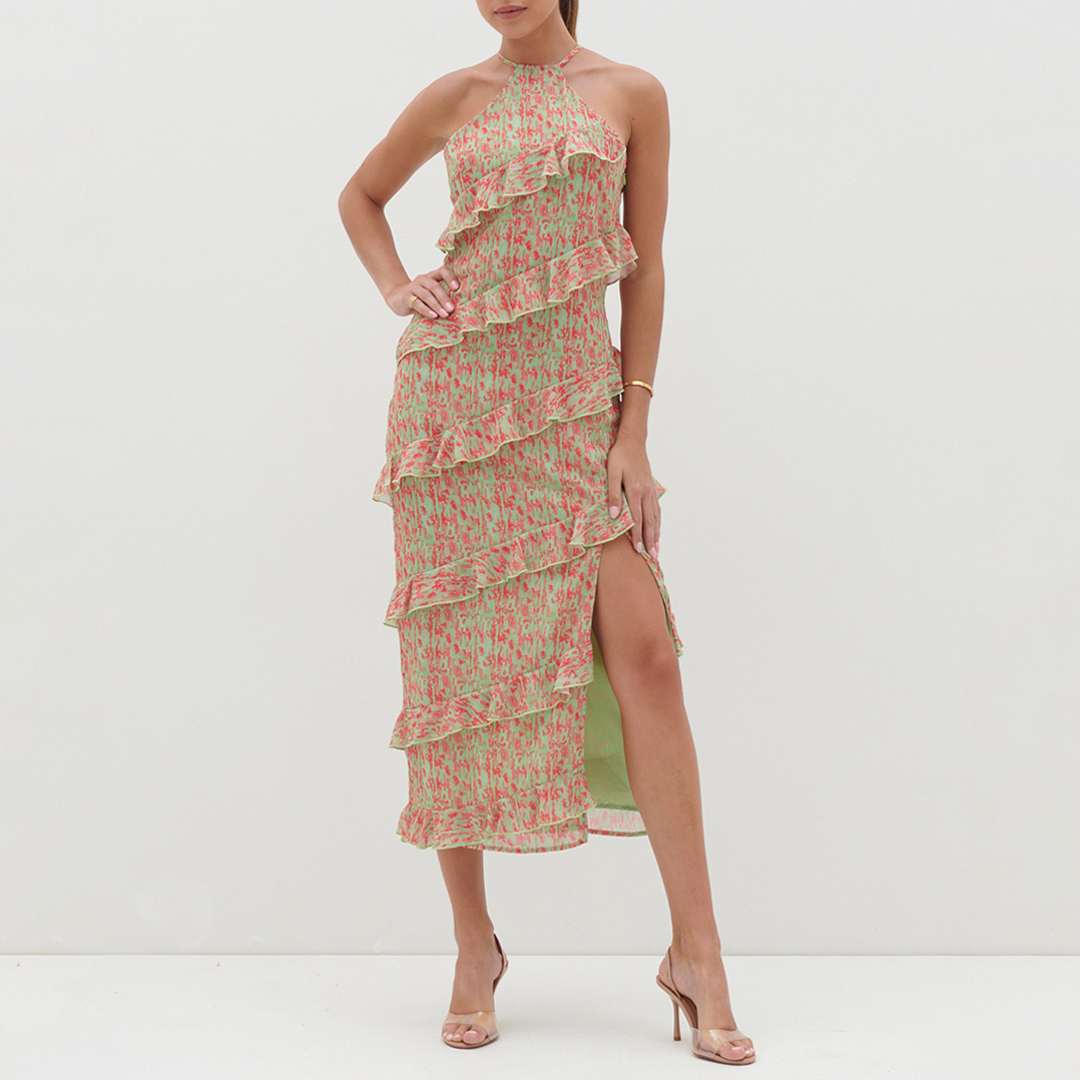 Green/Pink Printed Katy Ruffle Midaxi Dress