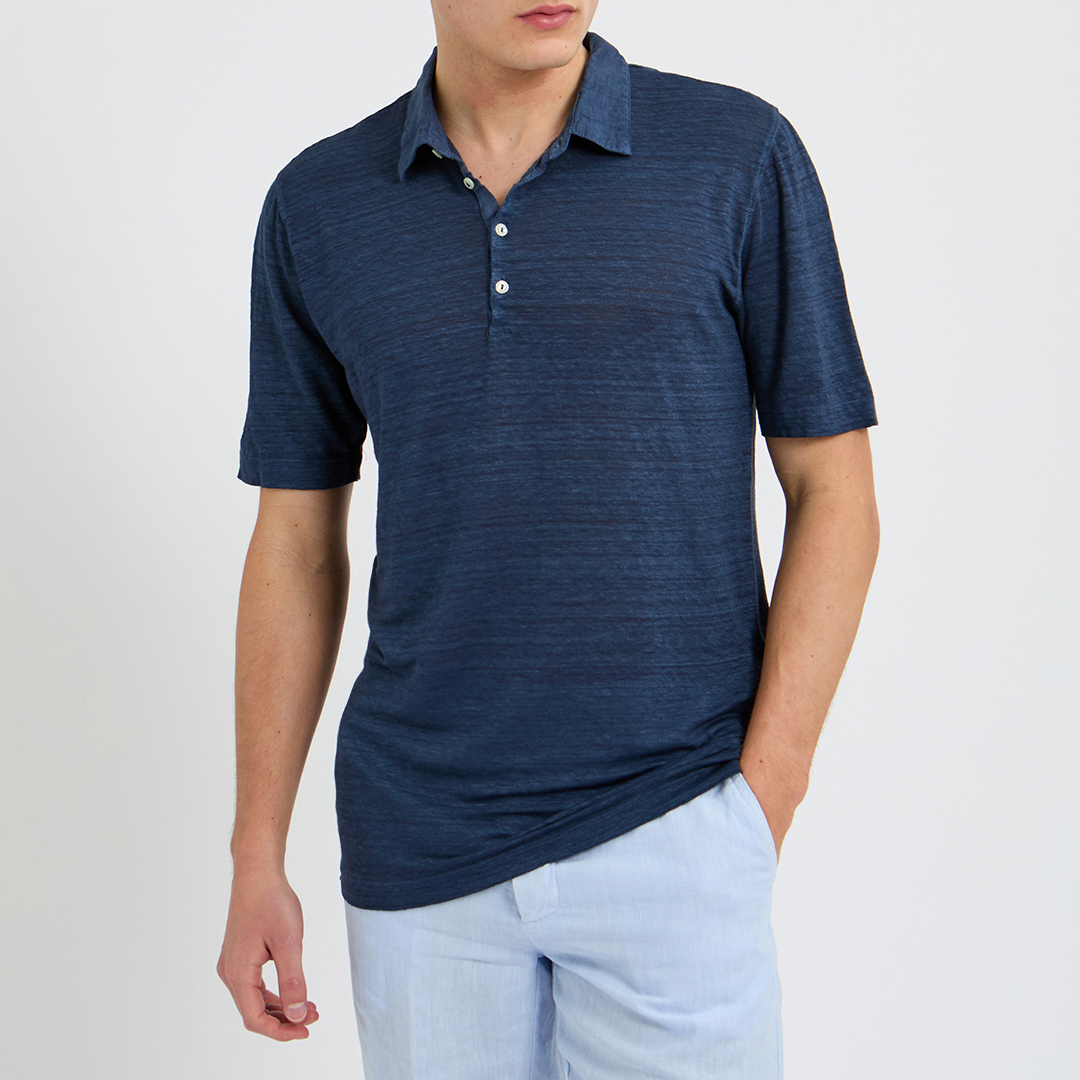 Navy Blue Short Sleeve Linen Polo Shirt