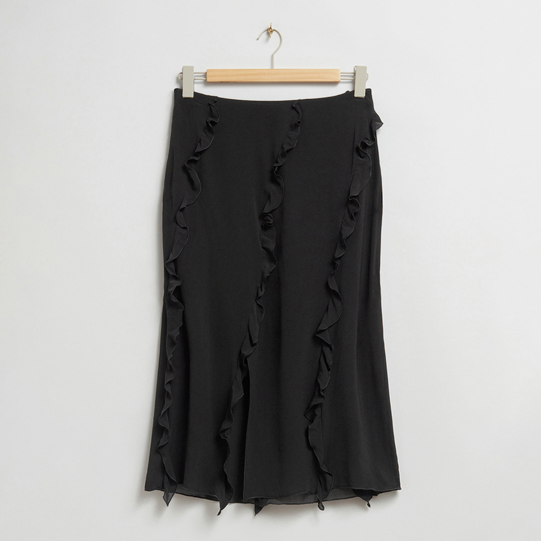 Black Ruffle Trim Midi Skirt