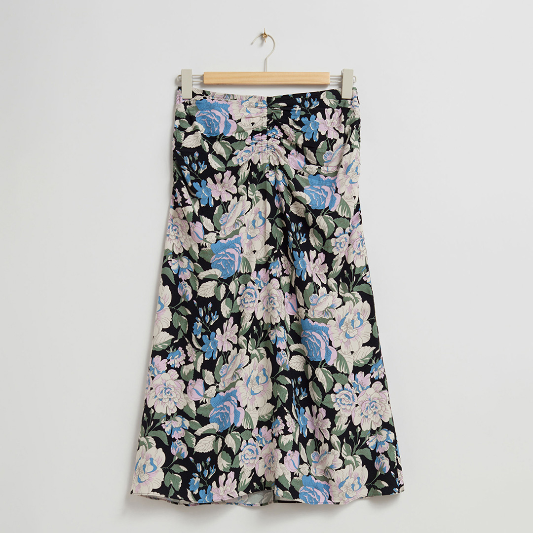 Black Print Ruched Waist Midi Skirt