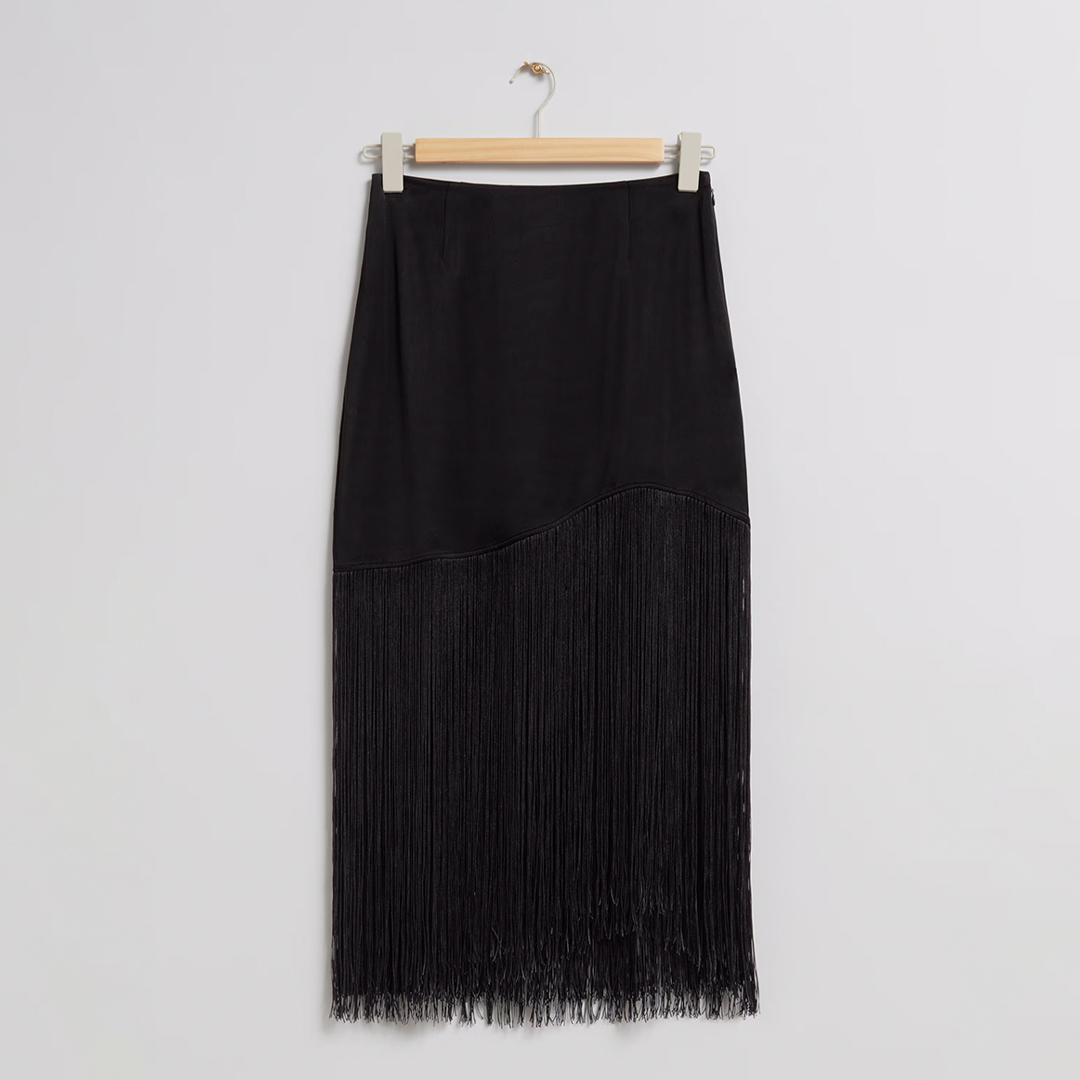 Black Asymmetric Fringe Midi Skirt