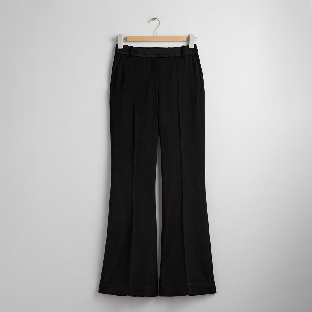 Black Wool Blend Flared Trousers