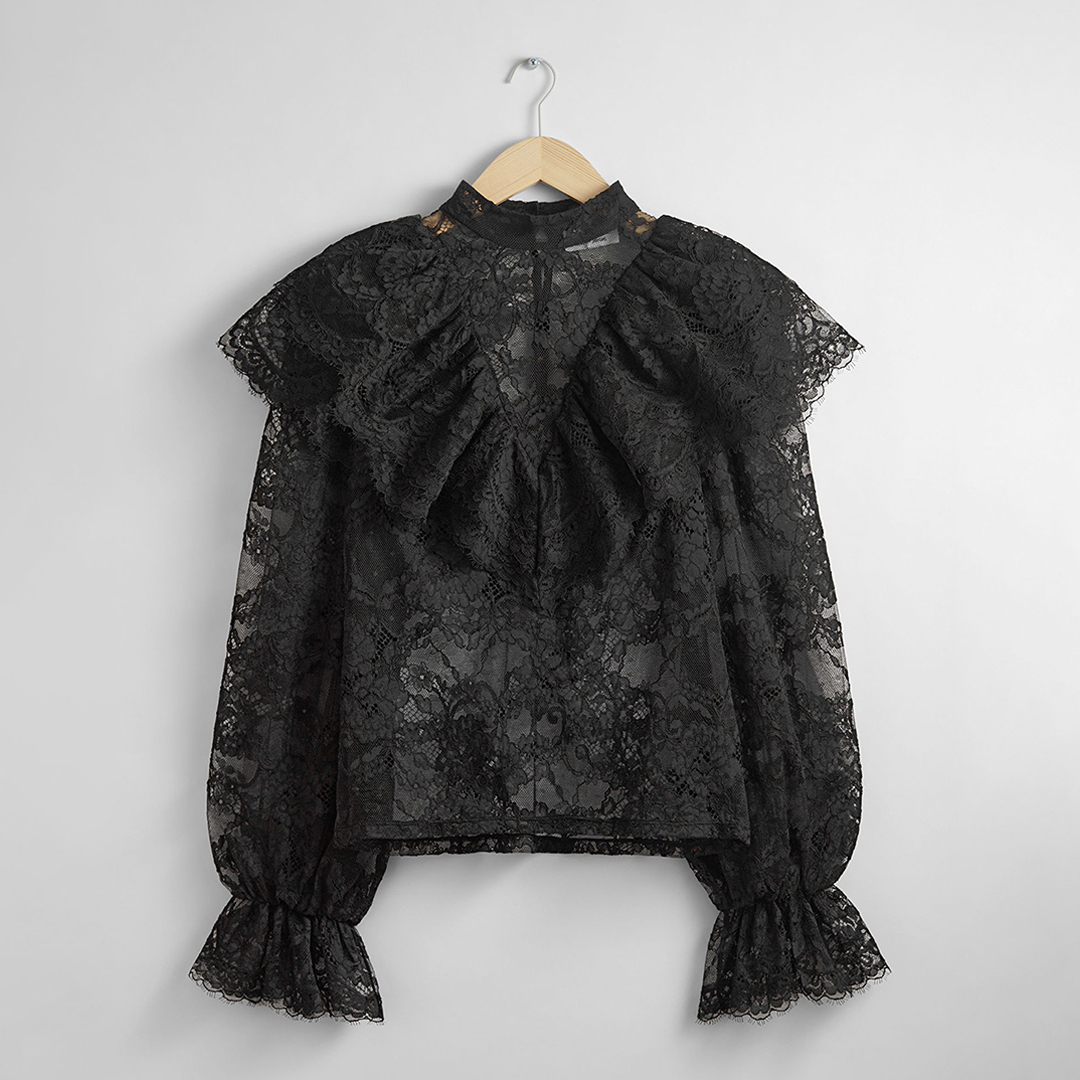 Black Lace Ruffle Sheer Blouse