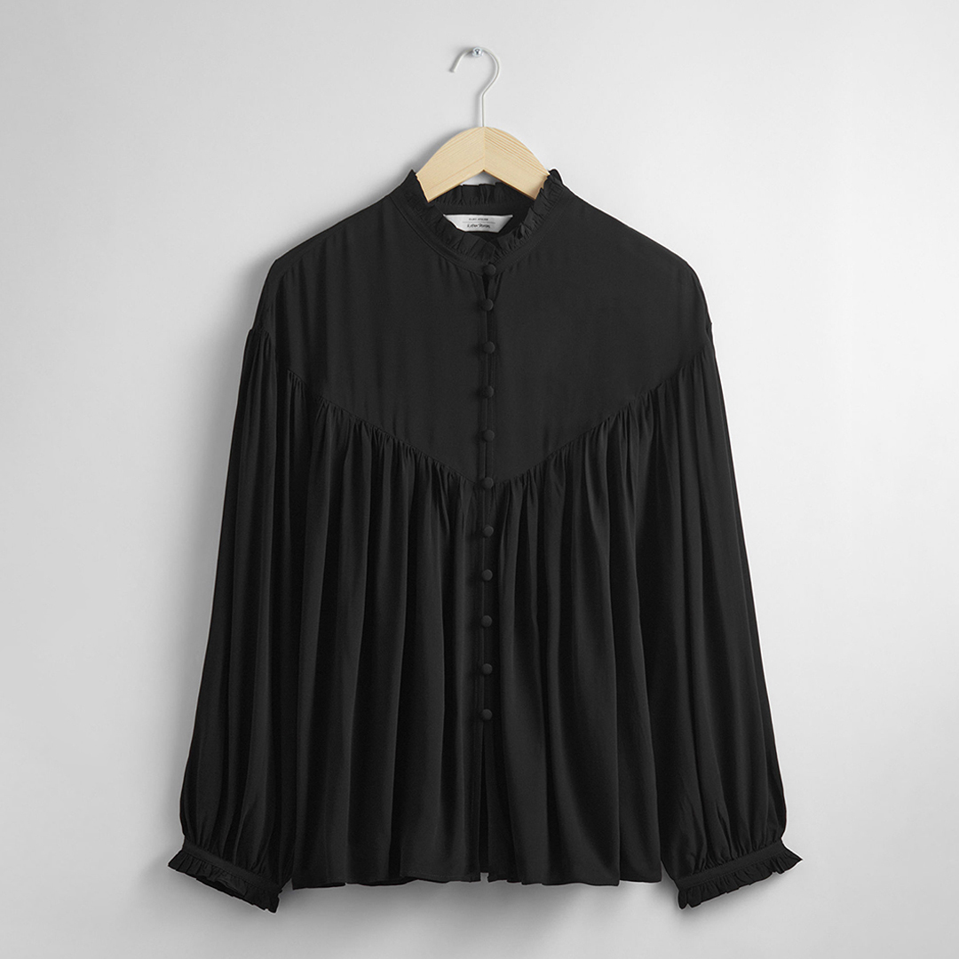 Black Ruffle Trim Drape Blouse