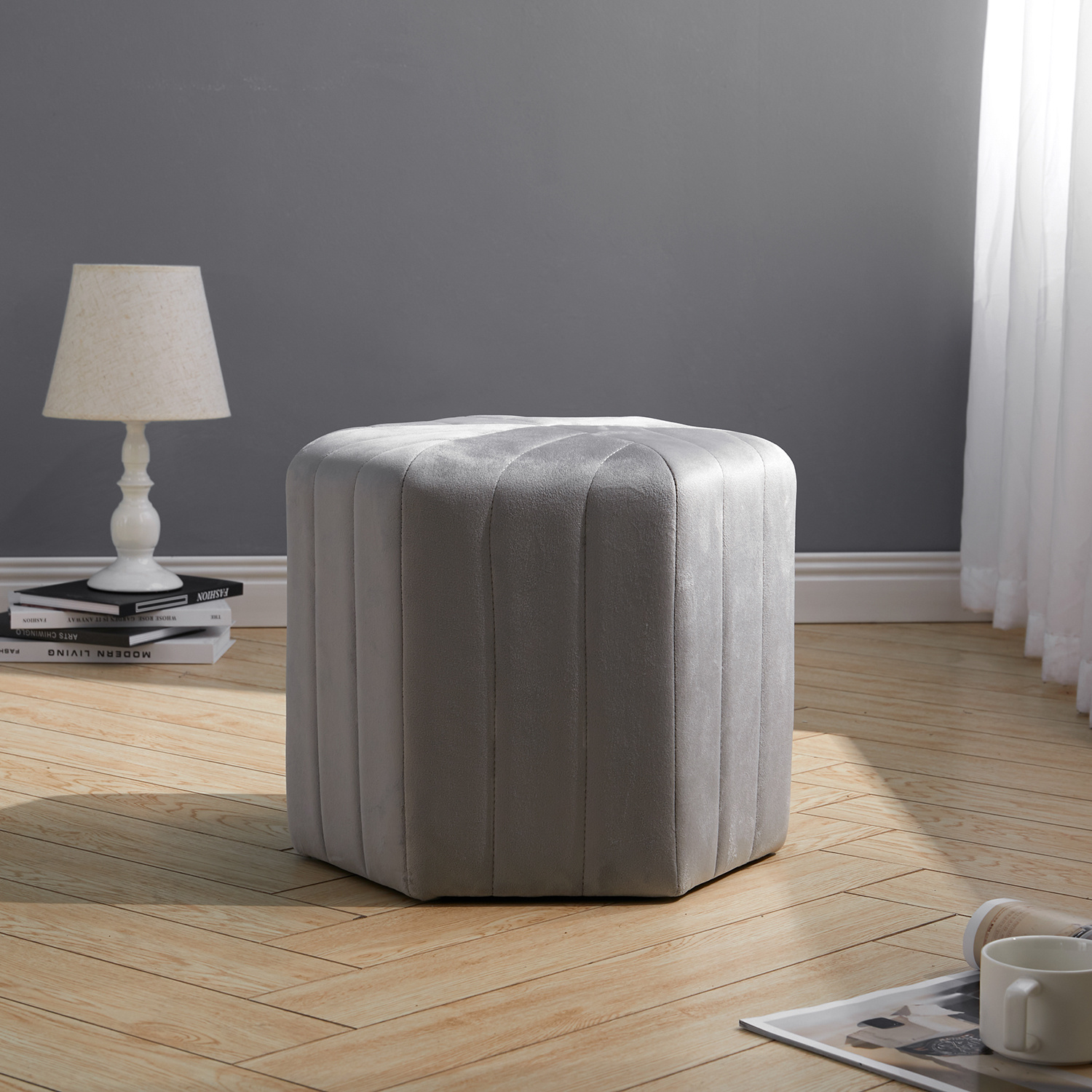 Living and Home   Minimal Hexagonal Velvet Footstool Ottoman with Stripes in Size Large, BrandAlley