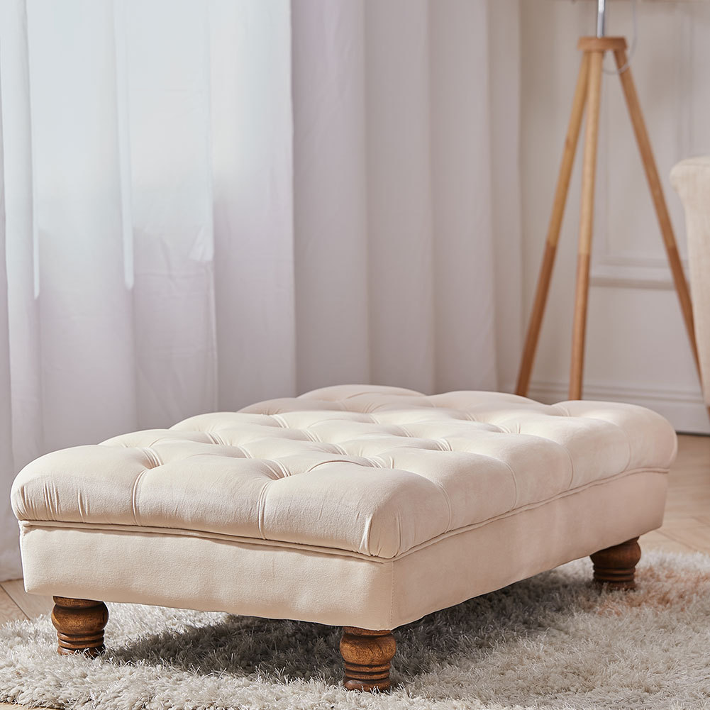 Living and Home   Buttoned Velvet Rectangular Ottoman Footstool with Legs - Beige in Size Large, BrandAlley