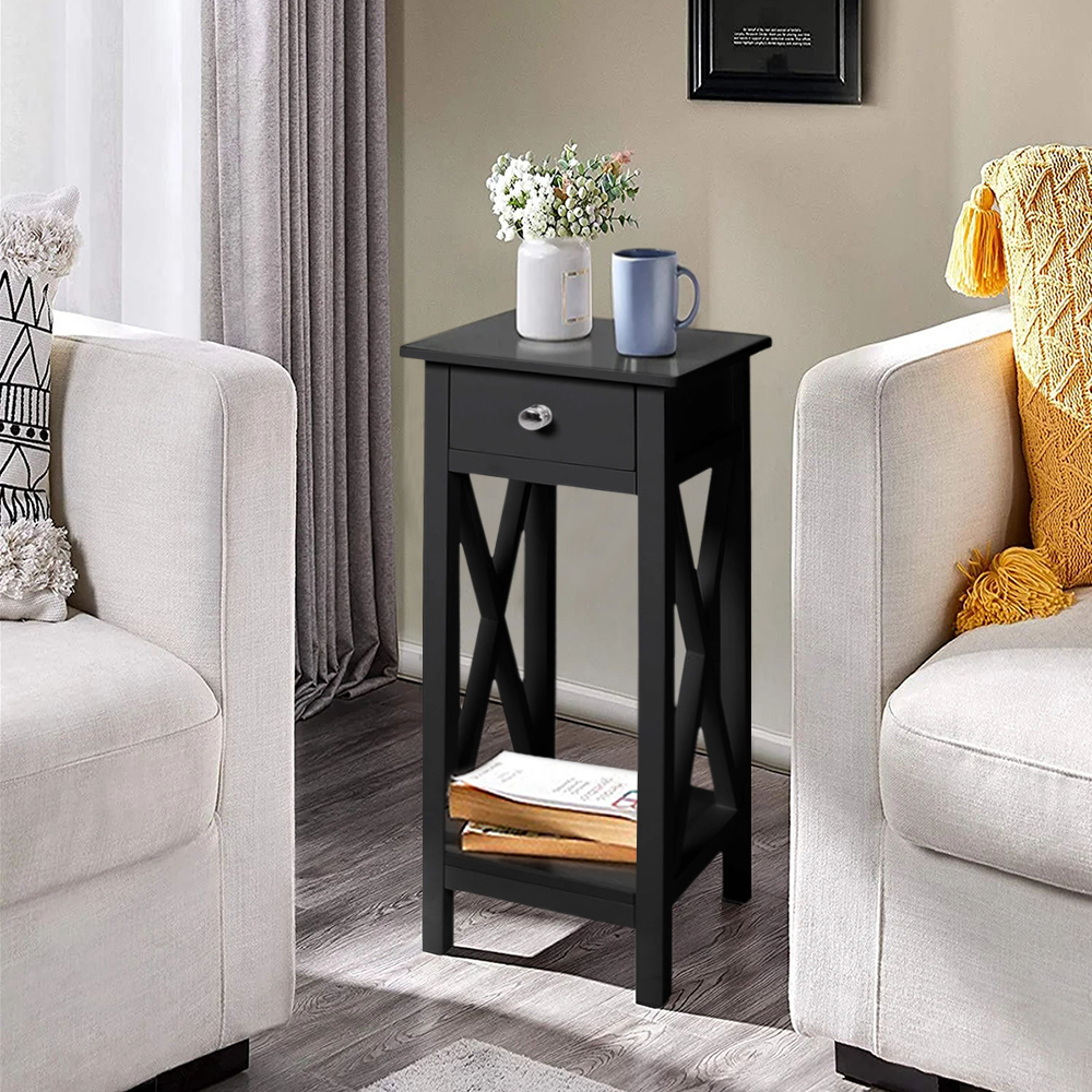 Retro Wooden Side Table with Drawer - Black