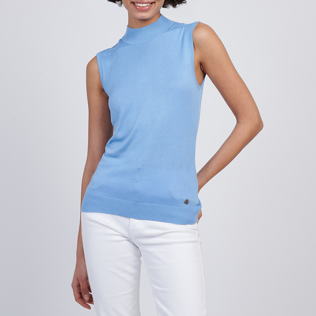 Blue Mock Neck Sleeveless Knitted Top