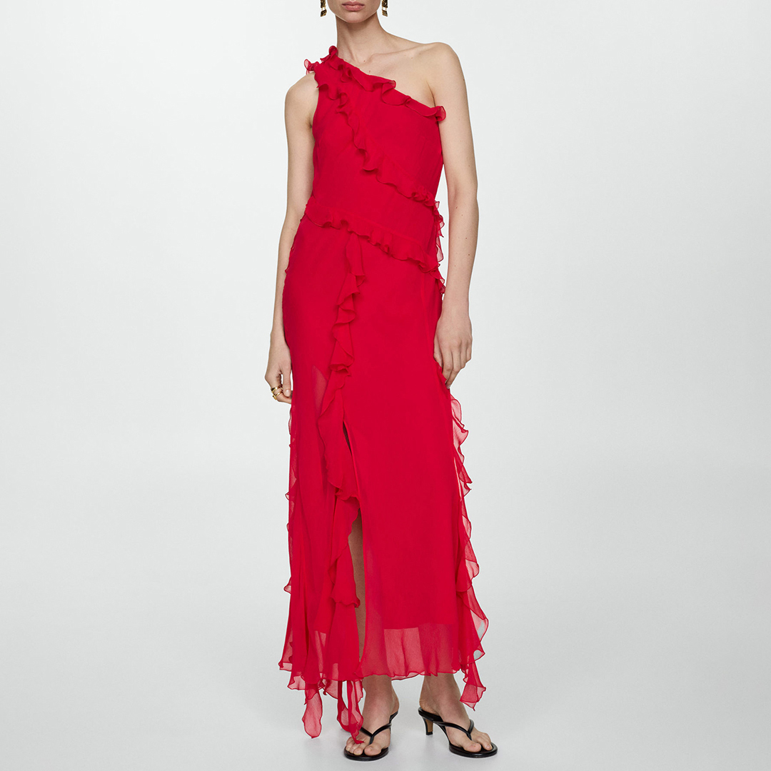 Mango Women's  Red Asymmetric Ruffled Dress in Size S, BrandAlley