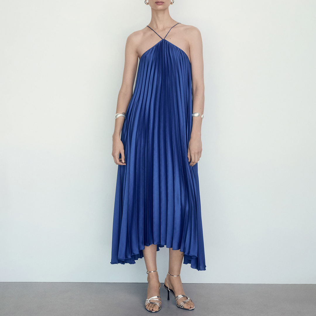 Mango Women's  Navy Pleated Halterneck Midaxi Dress in Size L, BrandAlley
