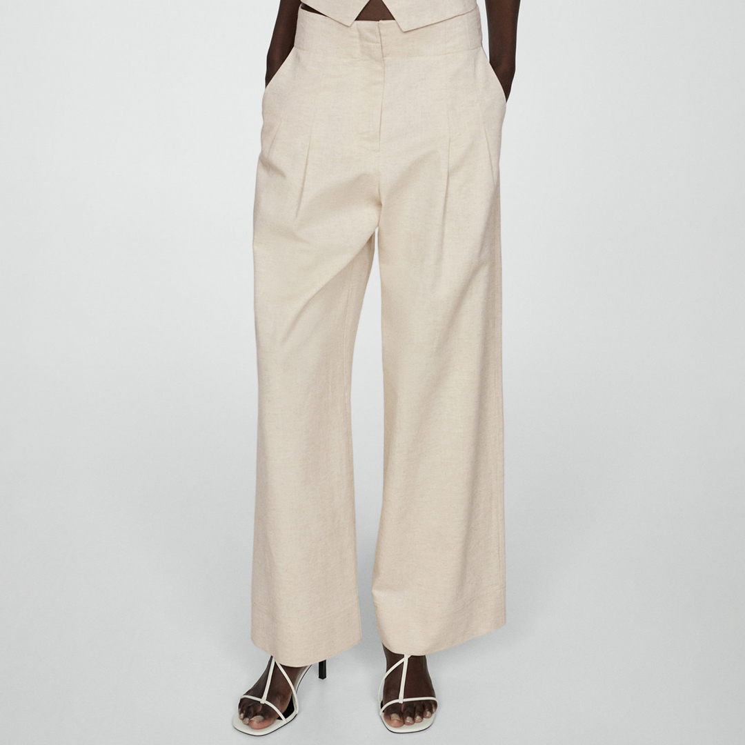 Ecru Wideleg Pleated Trousers