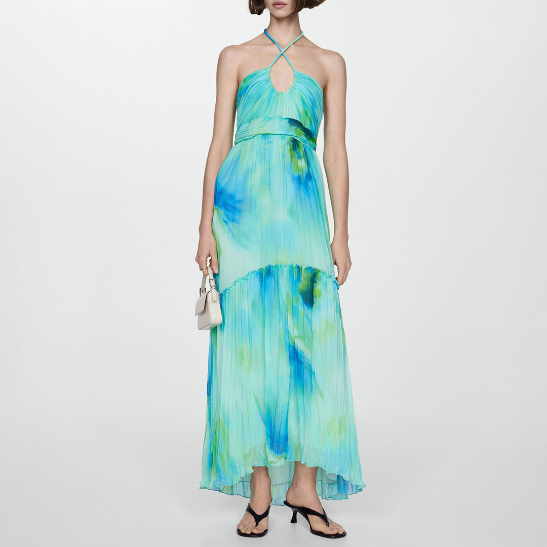 Mango Women's  Aqua Printed Halterneck Maxi Dress in Size XS, BrandAlley