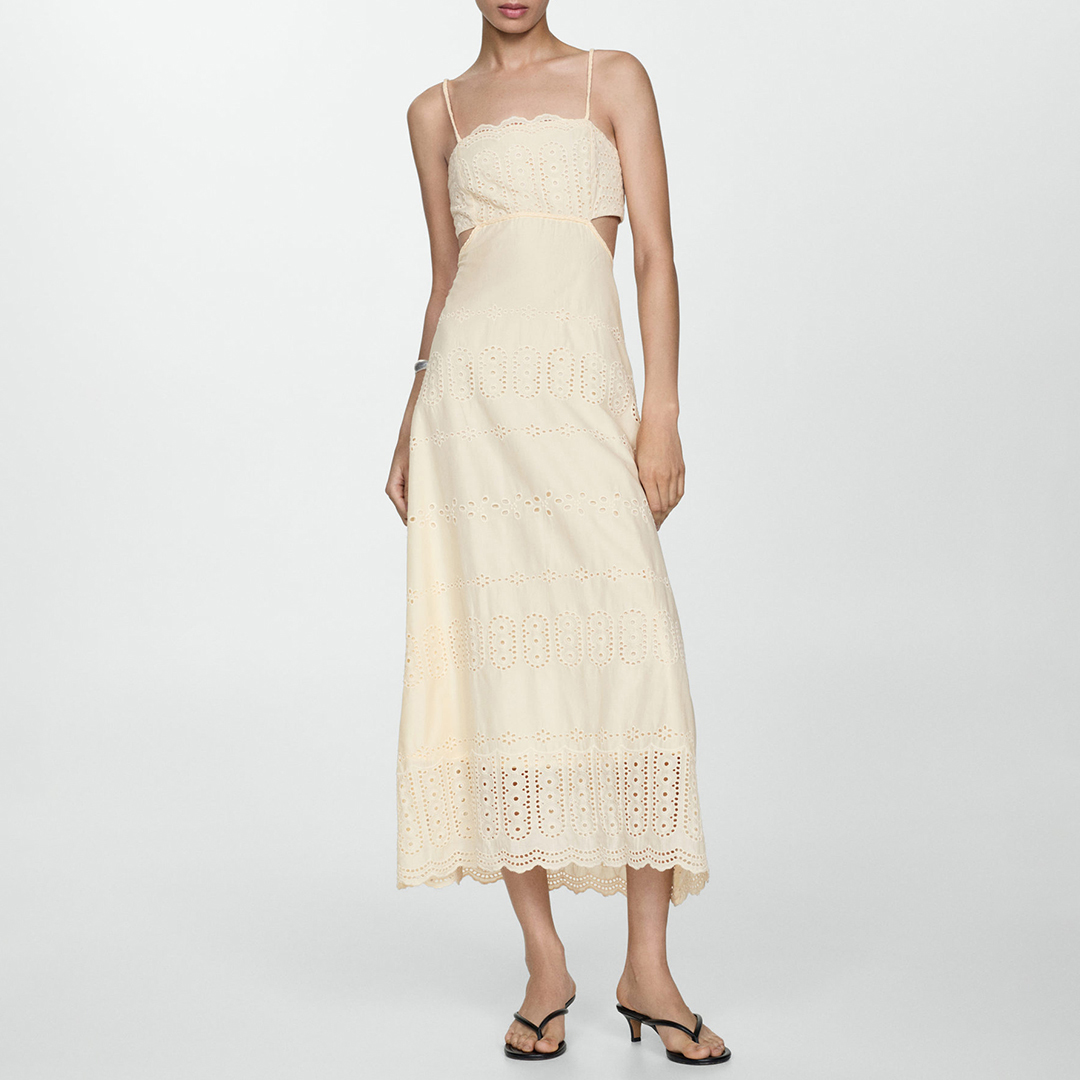 Mango Women's  Cream Embroidered Dress With Side Slits in Size L, BrandAlley