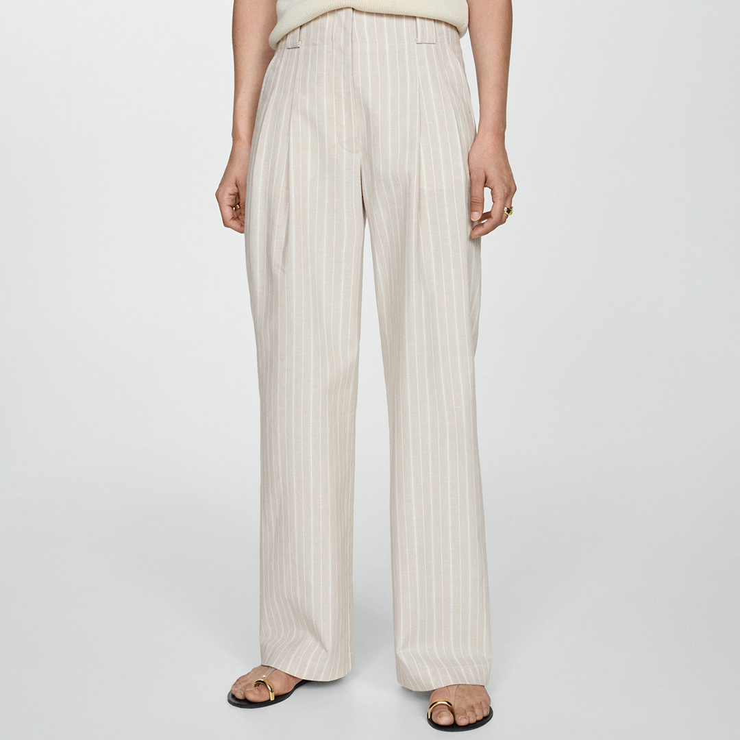 Beige Straight Striped Trousers