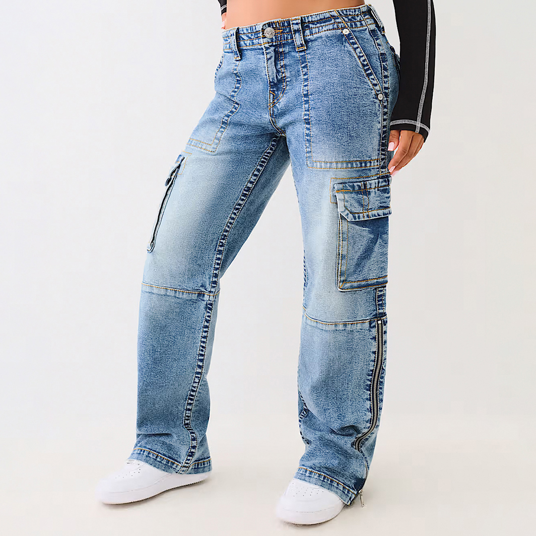 Mid Blue Zip Split Cargo Jeans