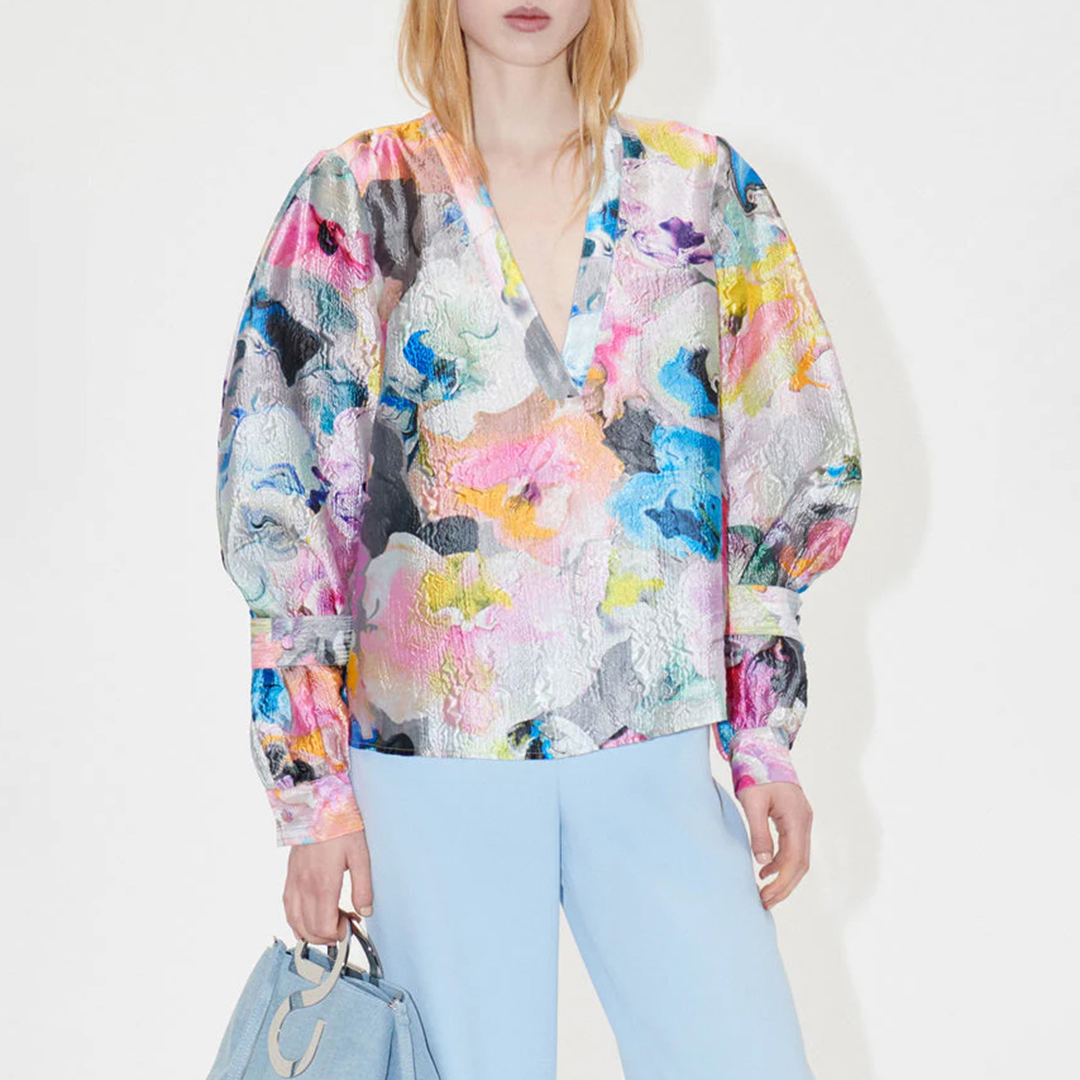Blue Textured Crinkled V-Neck Top