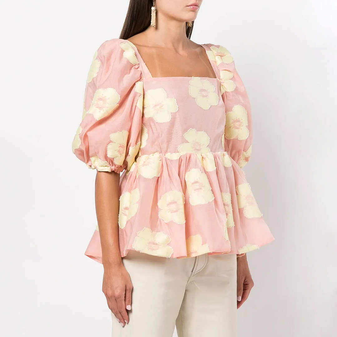 Pink/Crème Puffed Peplum Top