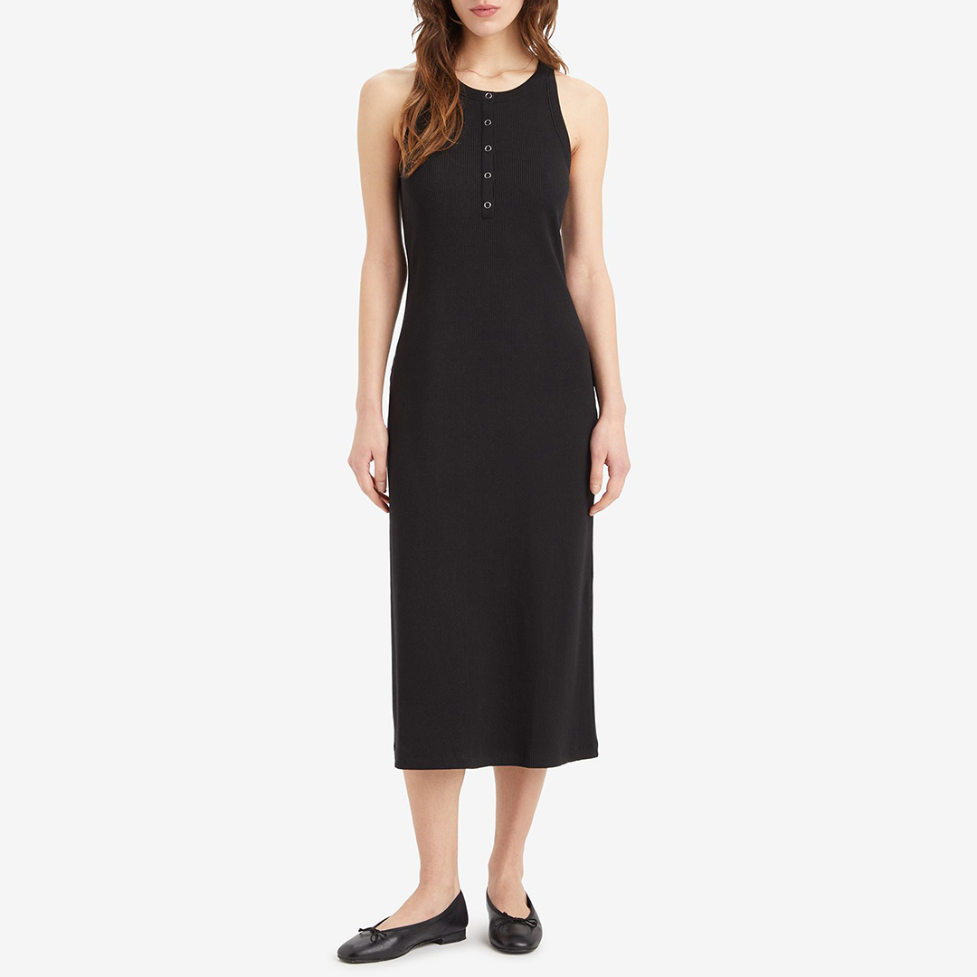 Black Button Front Basic Midi Dress