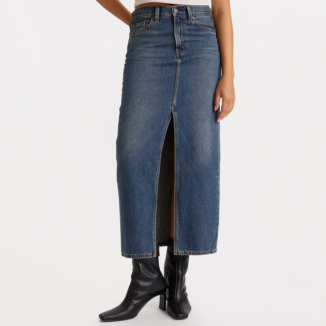 Vintage Blue Split Denim Midi Skirt