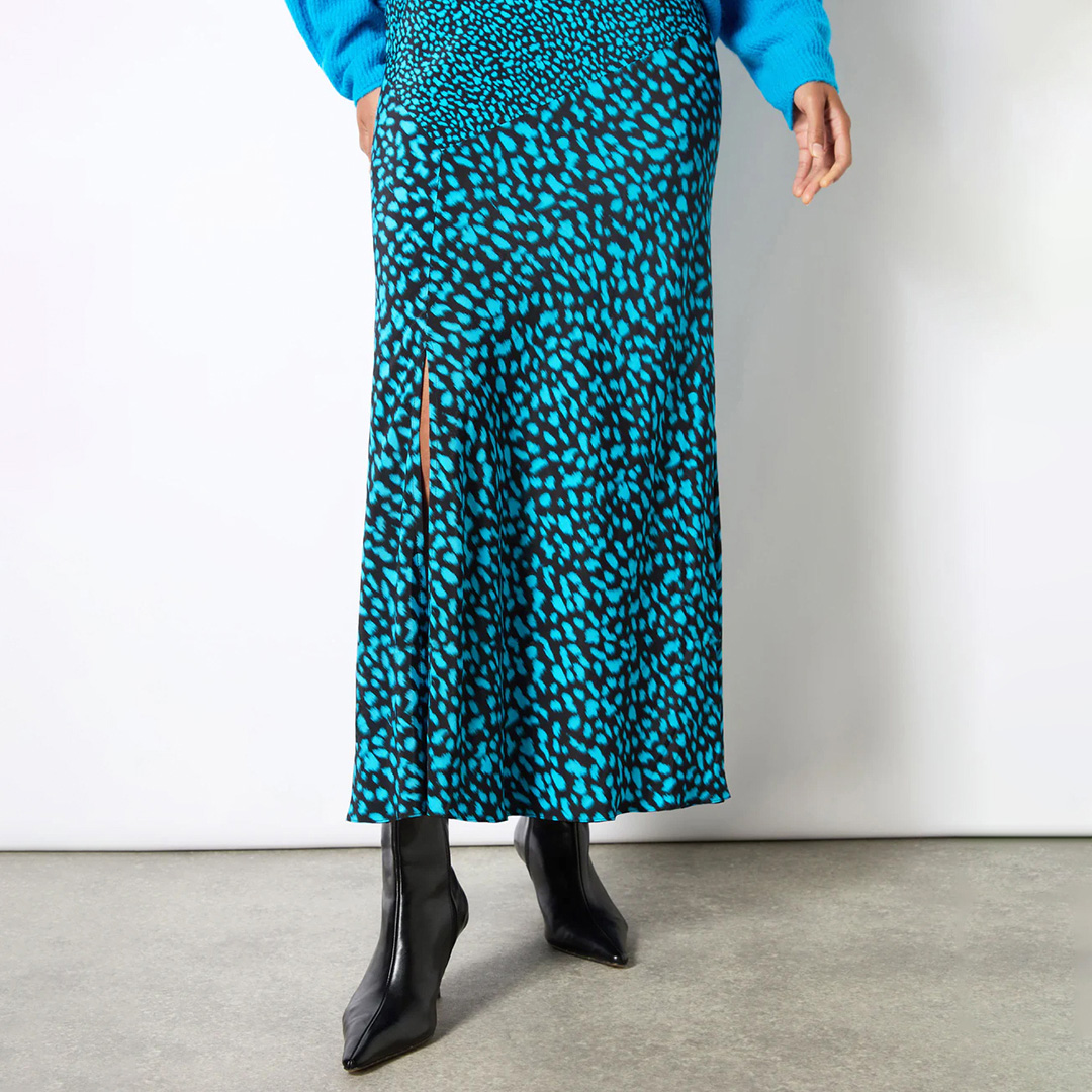 Blue Dash Print Contrast Panel Skirt