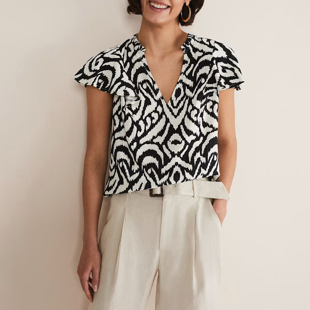 Black/ White Dalia Ikat Ruffle Top