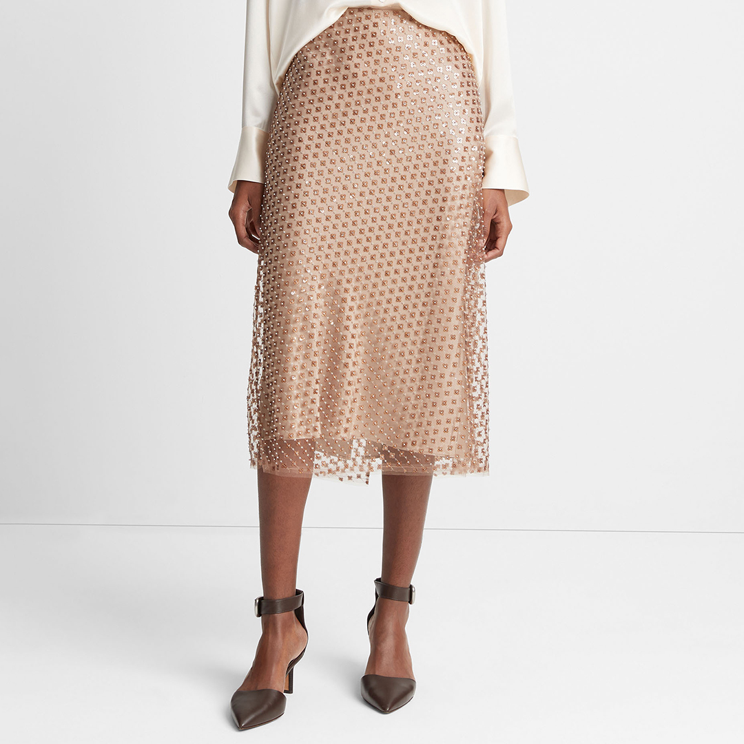 Tan Beaded Sequin Straight Skirt
