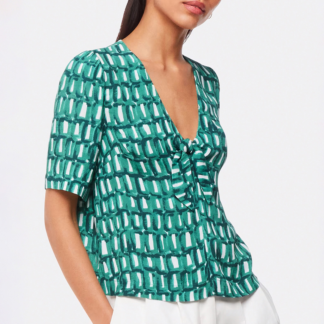 WHISTLES Women's  Green Linked Smudge Tie Front Top in Size 18, BrandAlley