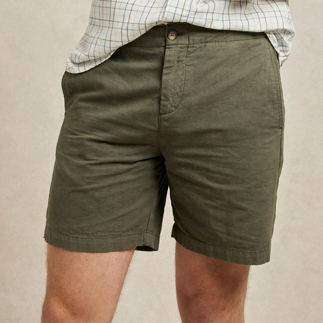 Khaki Collard Linen Blend Shorts