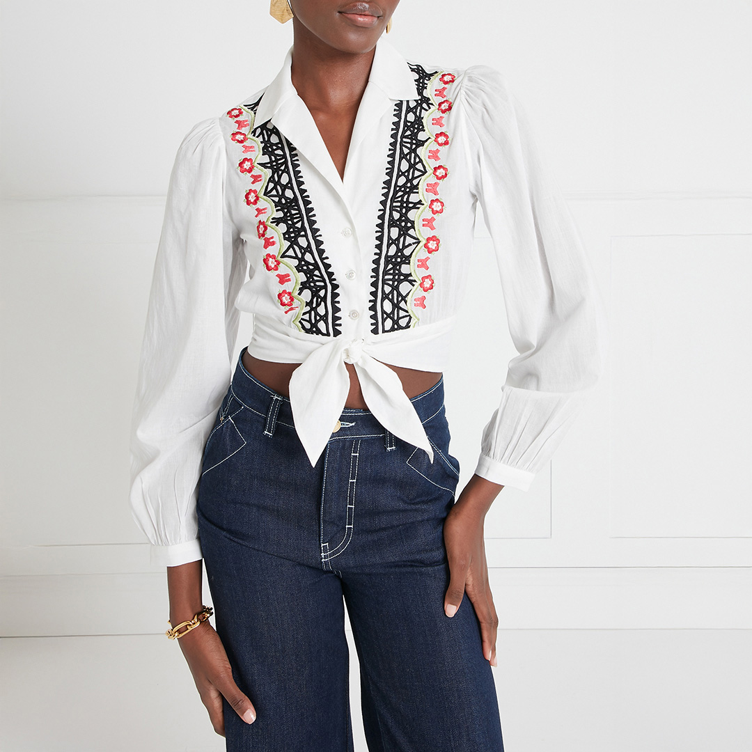 White Florentine Printed Tie Blouse