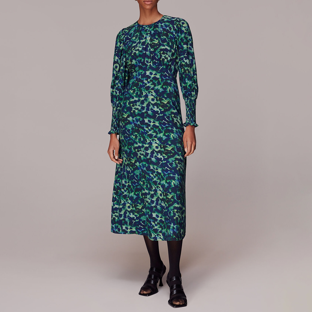 WHISTLES Women's   Green / Ink Cheetah Print Midi Dress in Size 8, BrandAlley