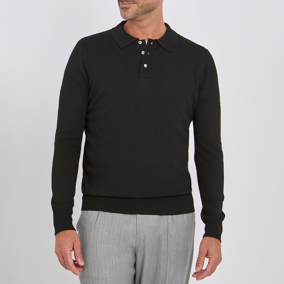 Black Cashmere-Wool Blend Polo Top