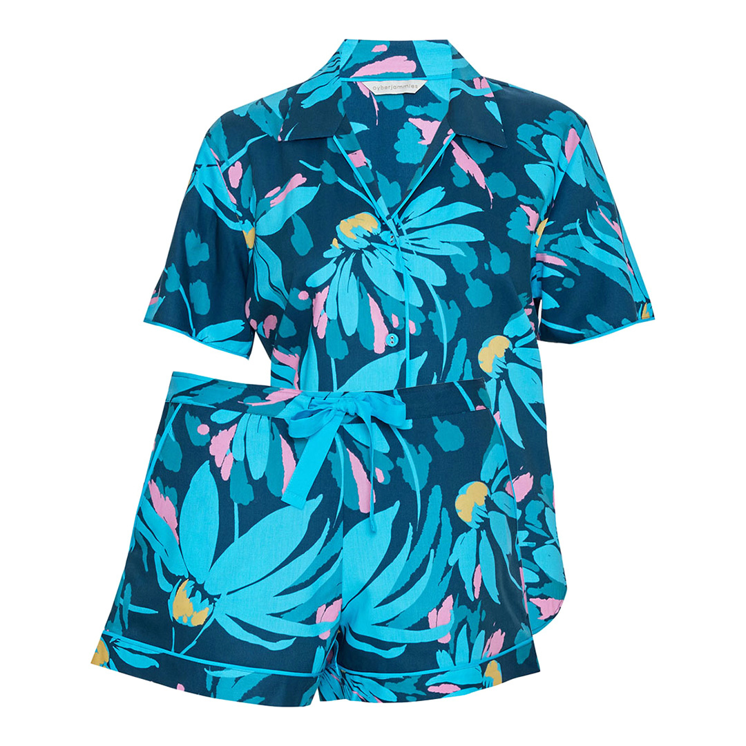 Teal Floral Print Pyjama Top And Short - Cyberjammies - Modalova
