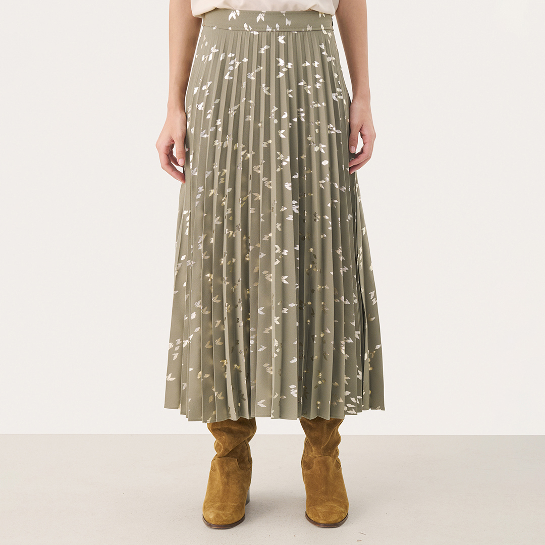 Sage Foil High Rise Midi Skirt