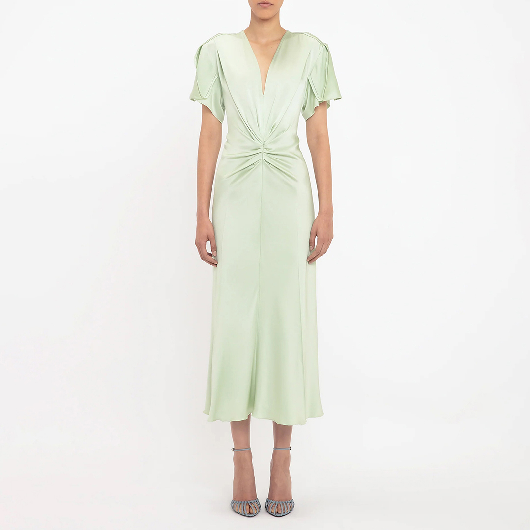 Jade Gathered V-Neck Midi Dress