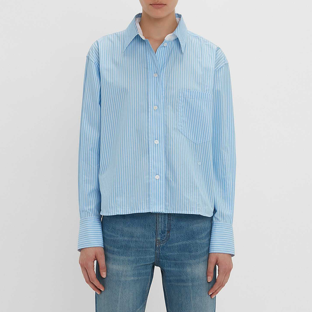 Powder Blue/White Cropped Printed Shirt