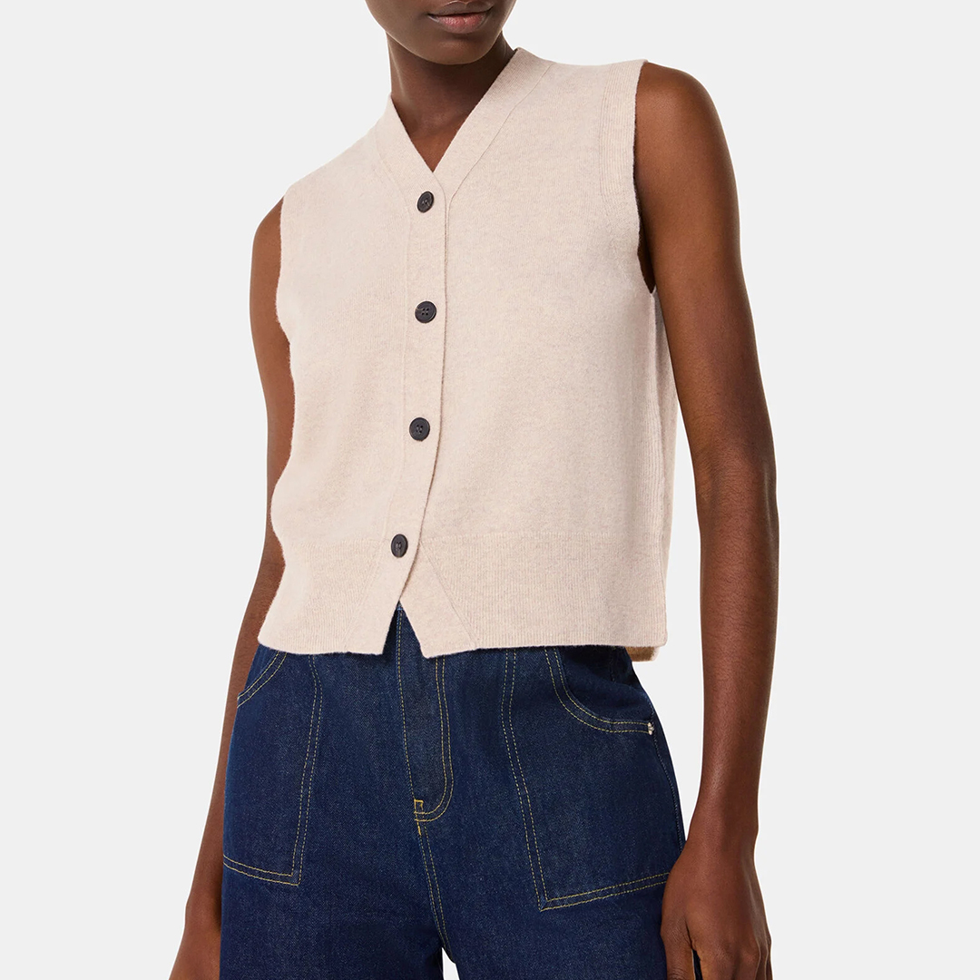 Sand Button Front V-Neck Tank Knit Top