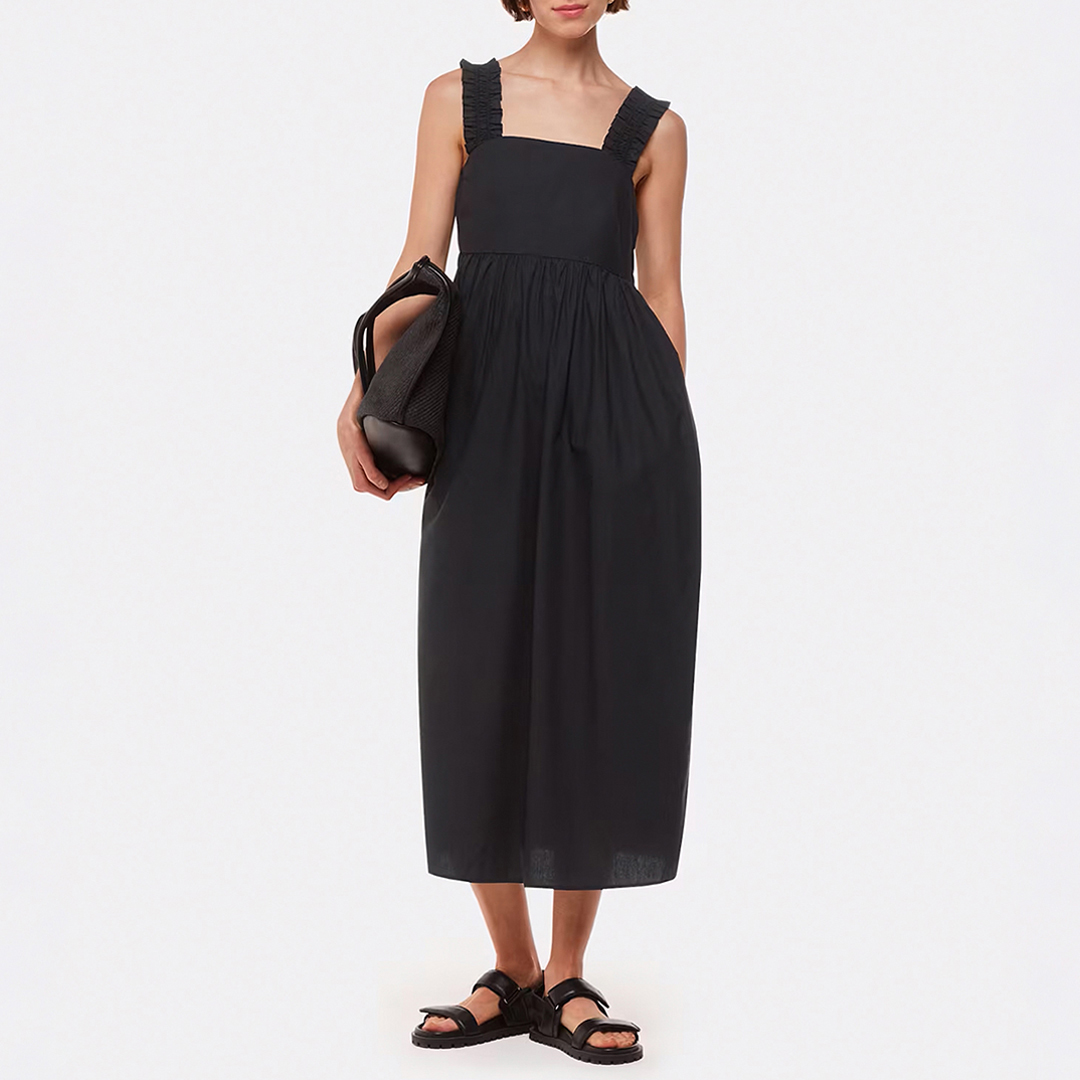 WHISTLES Women's  Black Ruffle Strap Poplin Midi Dress in Size 14, BrandAlley