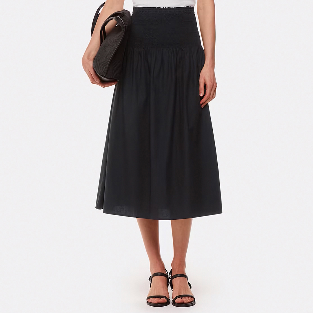 Black Louisa Smocked Cotton Midi Skirt
