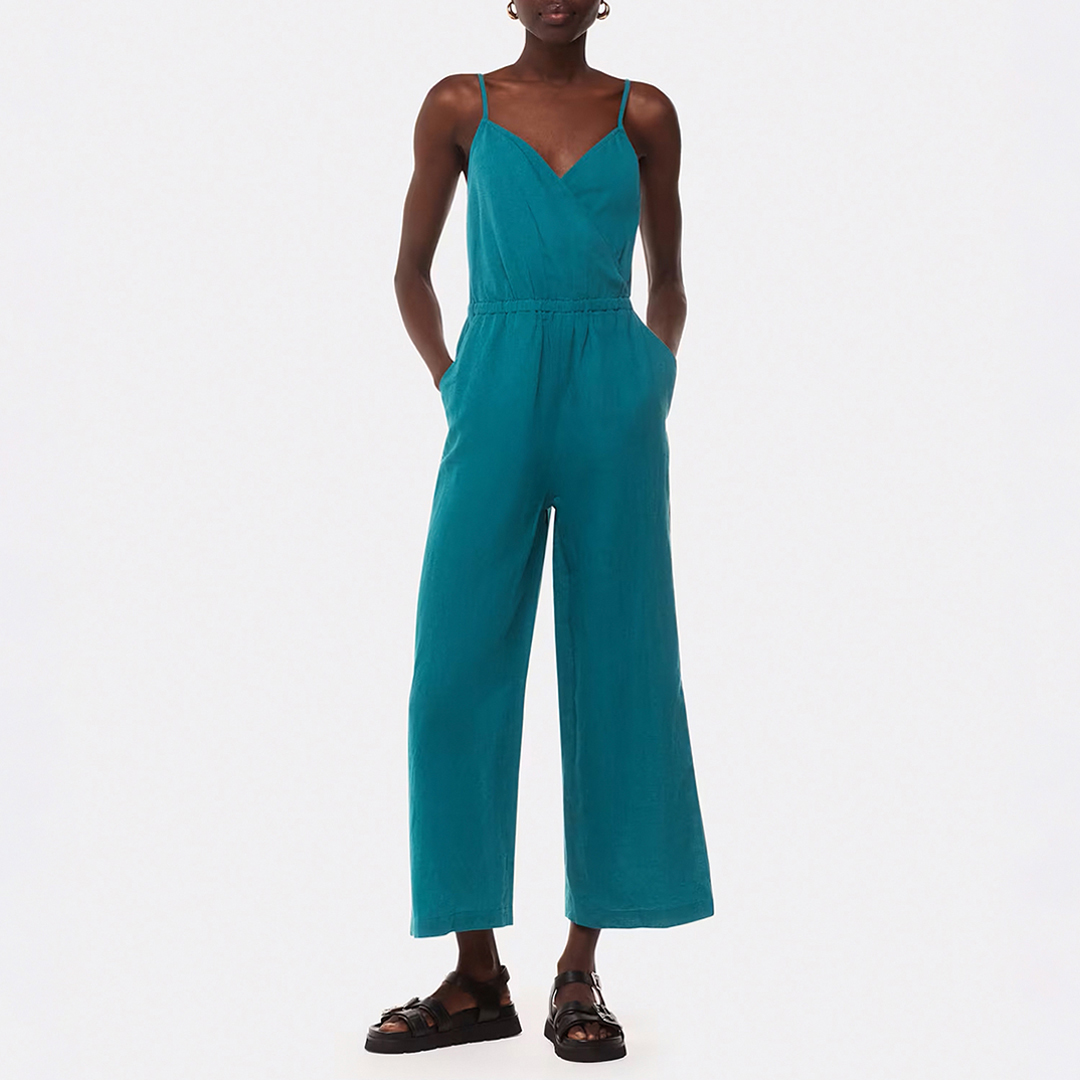 Green Wrap Linen Blend Jumpsuit