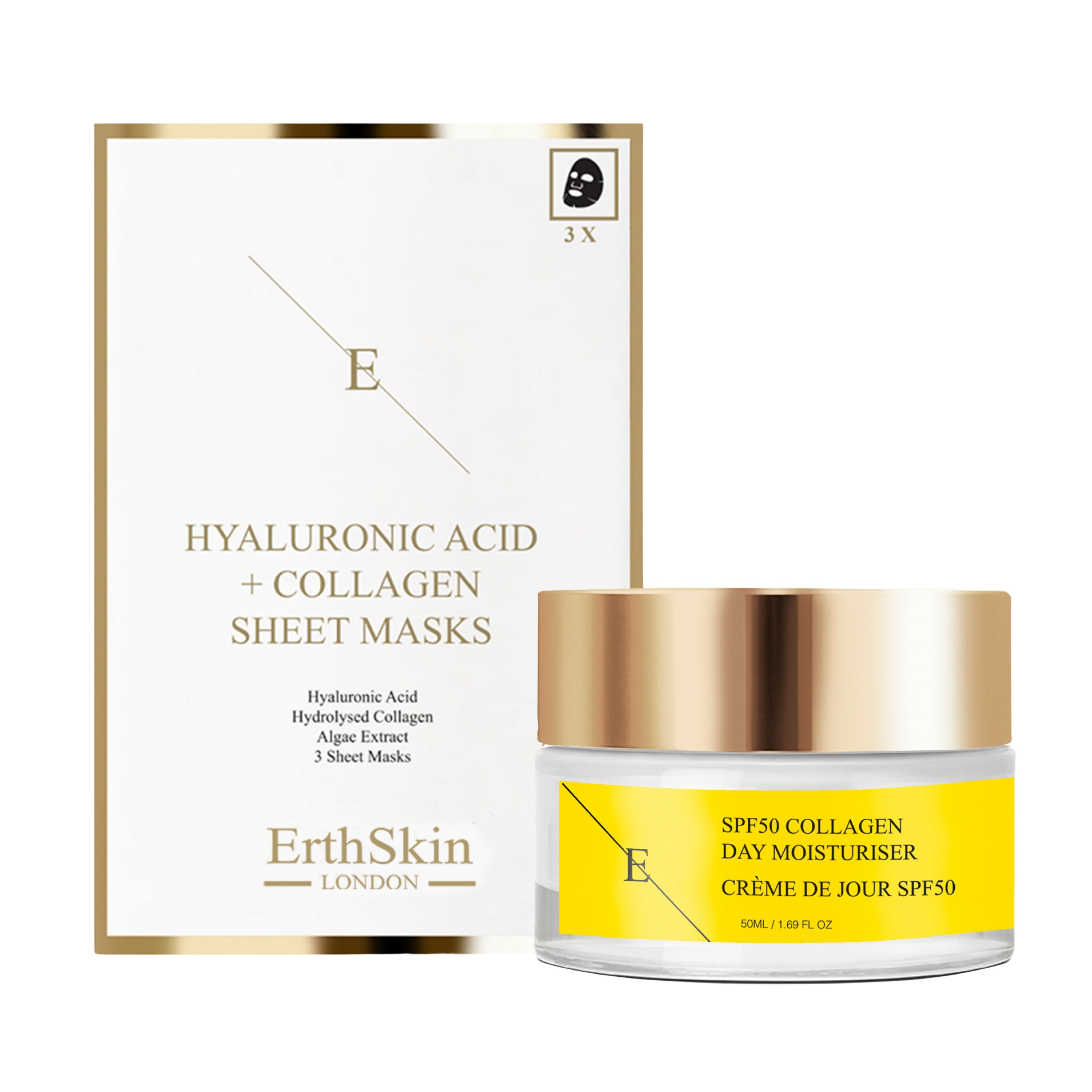 Erth Skin London   SPF 50 Collagen Day Cream 50ml  + Hyaluronic Acid & Collagen Mask - 3 sheets in Size 2, BrandAlley