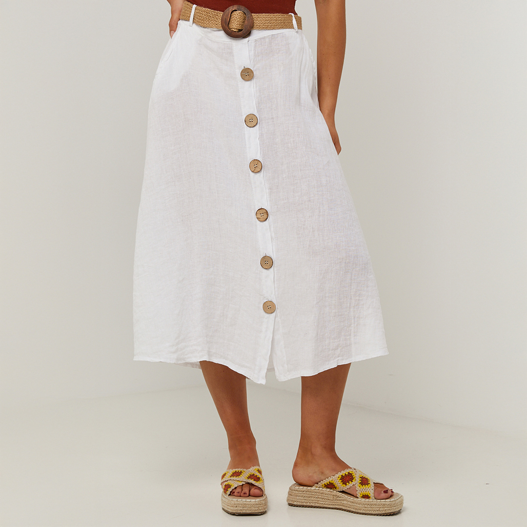 White Button Down Linen Skirt