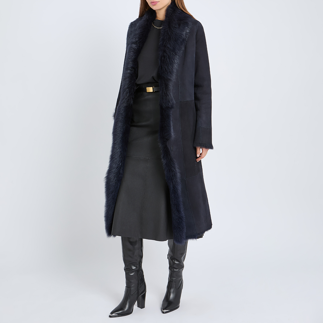 Navy Long 3/4 Shearling Coat